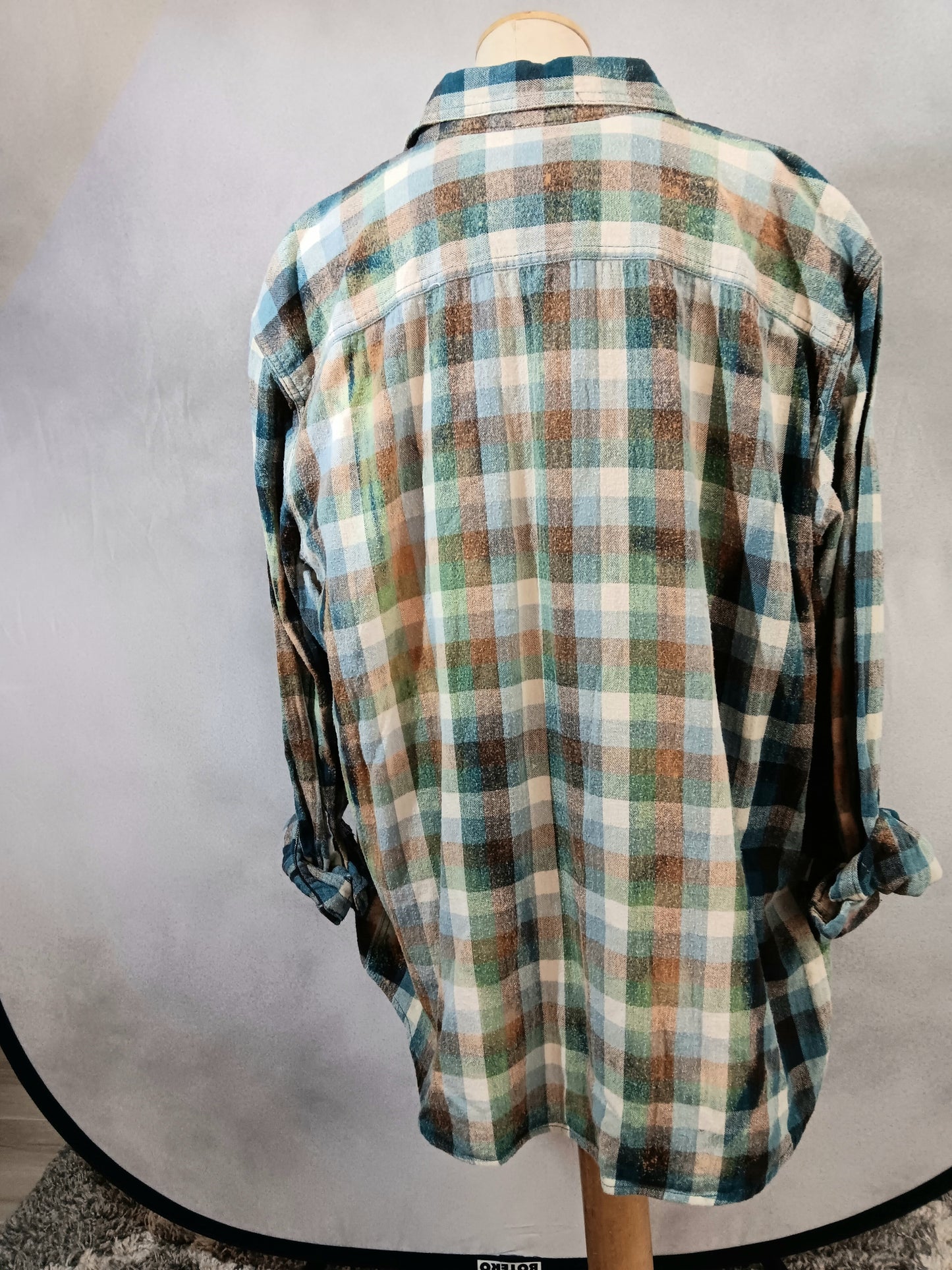 Blue, Green, Brown and White Checked Bleached & Repurposed Flannel Shirt