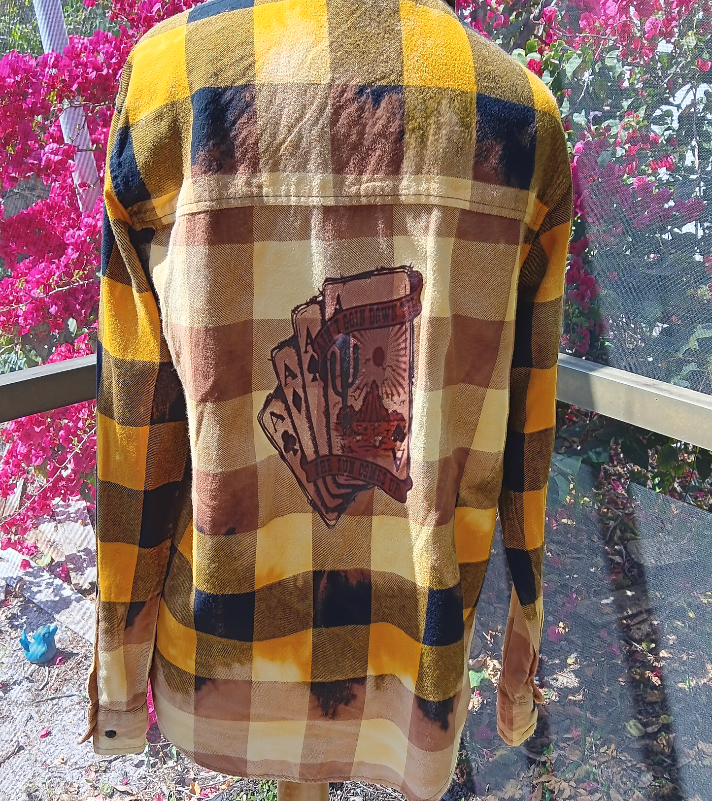 Yellow and Black Checked Bleached Flannel with DTF Cards Images - Snarky Junkie